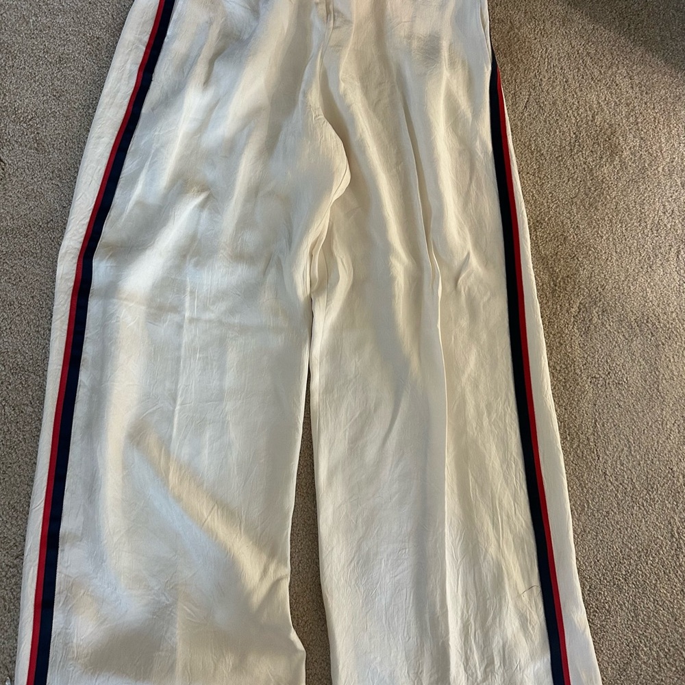 J. Crew White Track Pants with Navy & Red Side Stripes